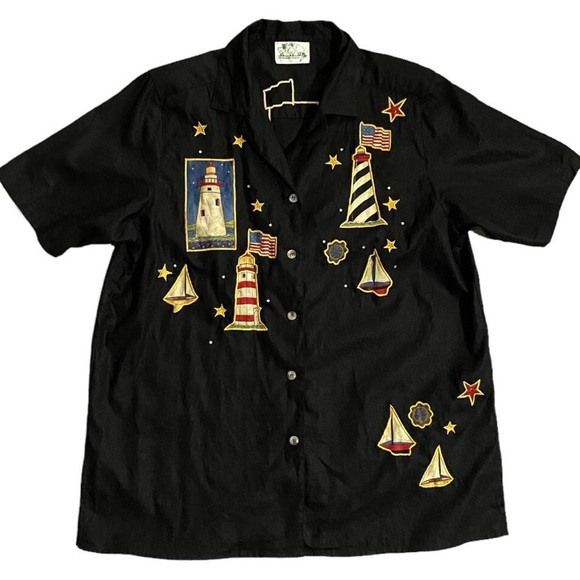 Vintage Nautical Lighthouse Patchwork Top XL Linen Button Front Coastal Beach - Picture 1 of 6